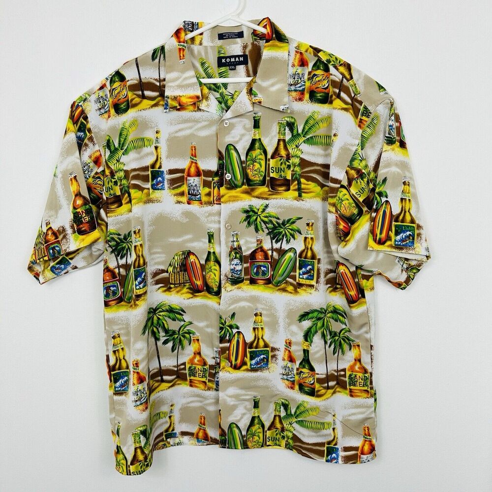 Koman Sport Beer Camp Shirt Hawaiian Surfboards Palm Trees Tiki Hut Mens Sz 2XL